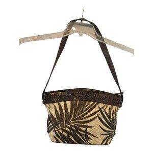 FOSSIL CANVAS BRAIDED LEATHER TRIM SHOULDER BAG PALM LEAF PRINT